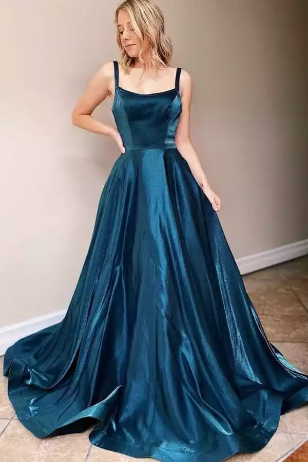 Enchanting Teal Metallic Ball Gown with Square Neck & Cutout Back