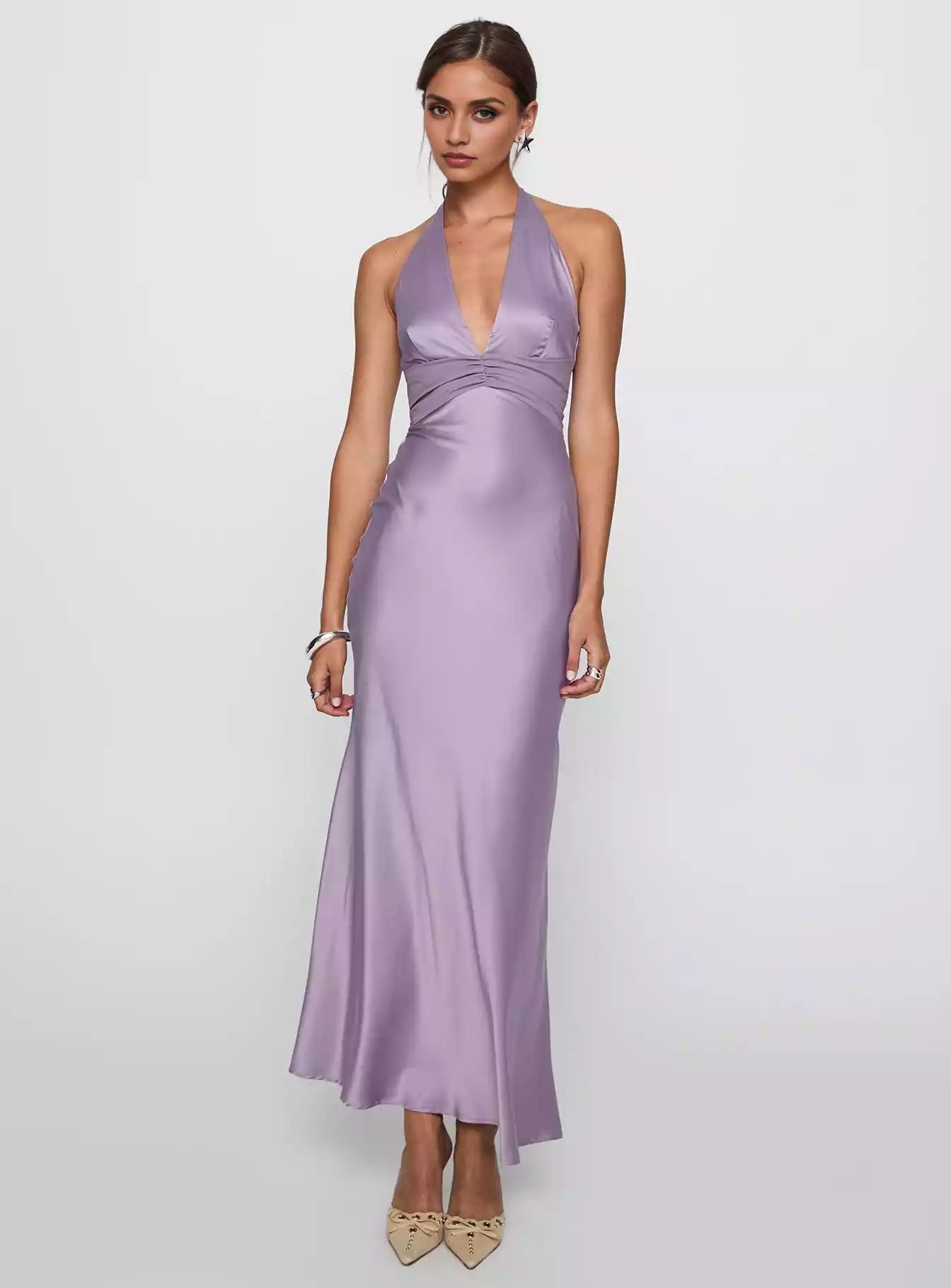 Enchanting deep V-neck pleated details with hidden side zipper, adjustable neck strap, fully lined Prom Dresses
