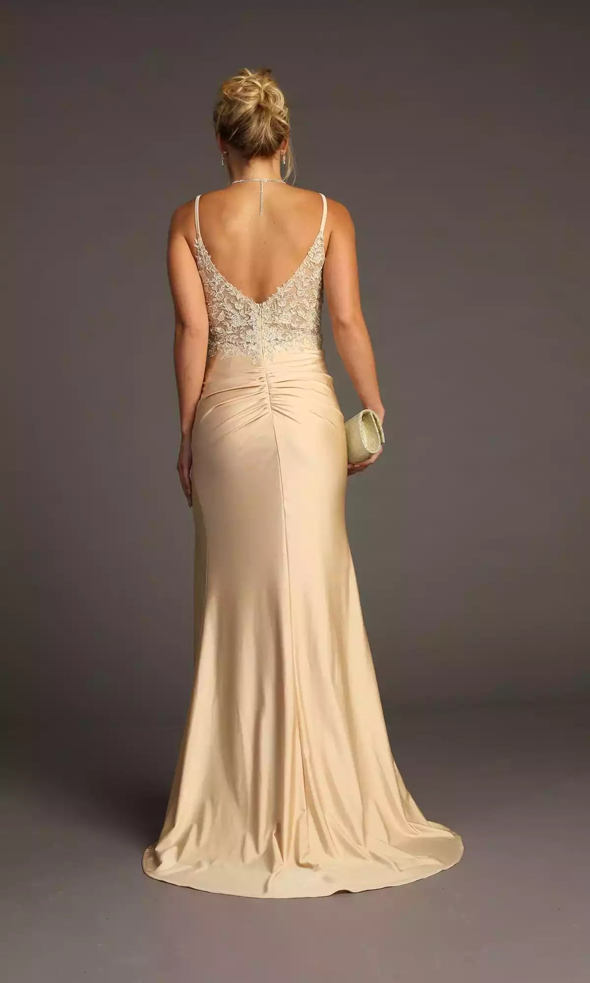 Enchanting deep V-neck sheer embroidered floral lace slim shoulder straps with side slits Prom Dresses