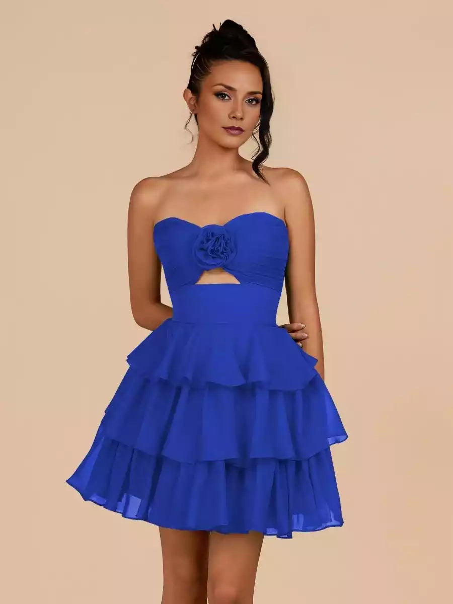 Enchanting lightweight chiffon A-line silhouette with slim fit, ruffled floral accents, strapless neckline, slim fit, Homecoming Dresses