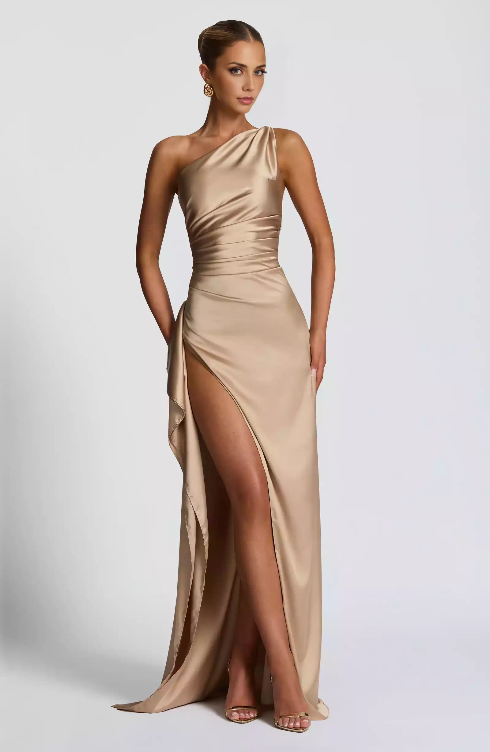 Enchanting luxury, lightweight, elastic satin with pleats, high slits, tight fitting, adjustable back strap, Prom Dresses