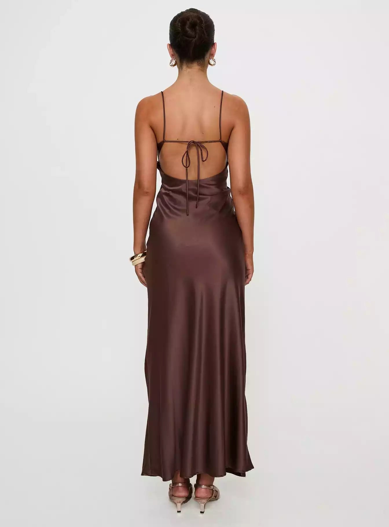 Enchanting satin backless V-neck, hidden zipper on the sides, back strap details, fully lined Prom Dresses