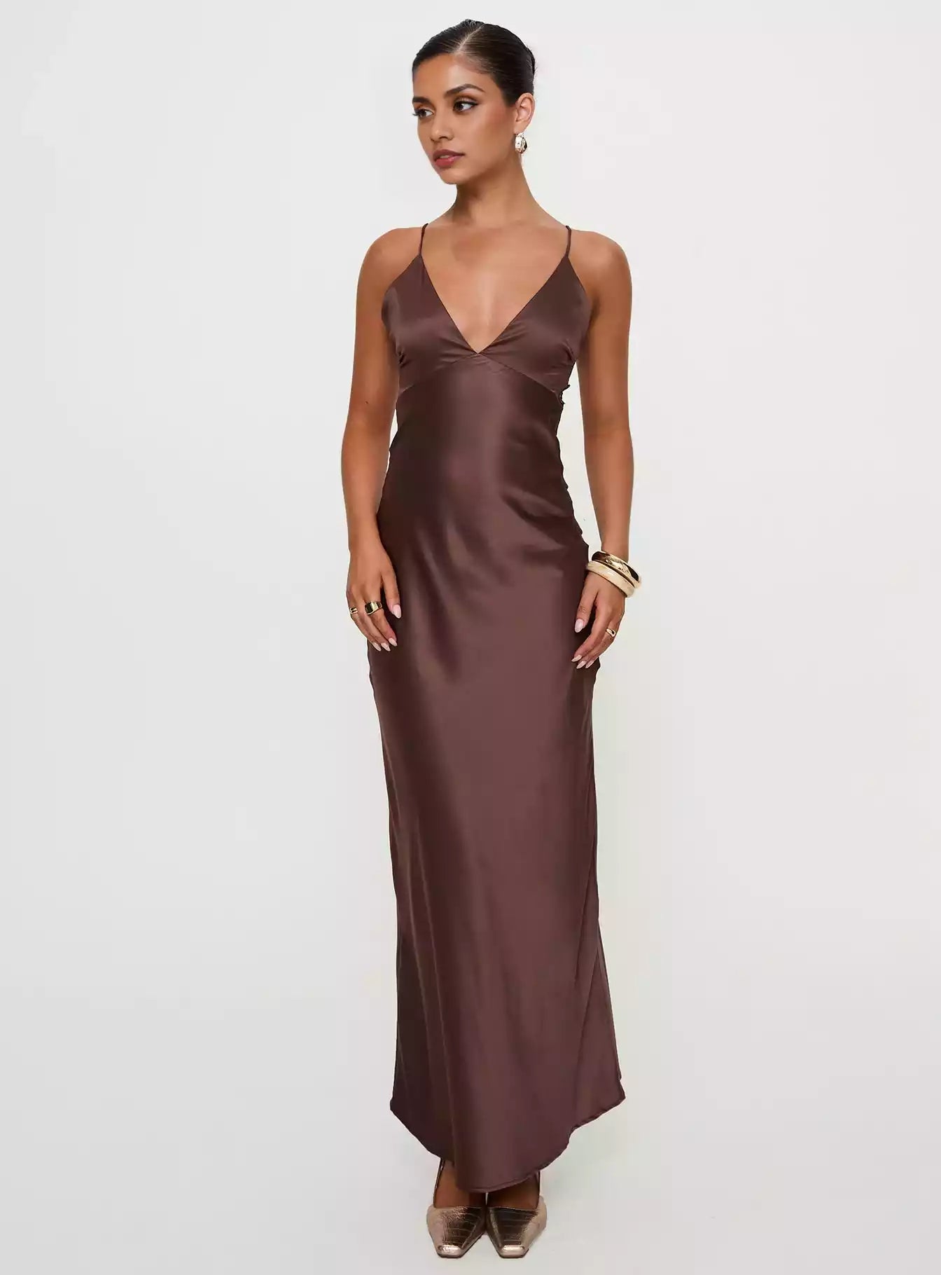 Enchanting satin backless V-neck, hidden zipper on the sides, back strap details, fully lined Prom Dresses