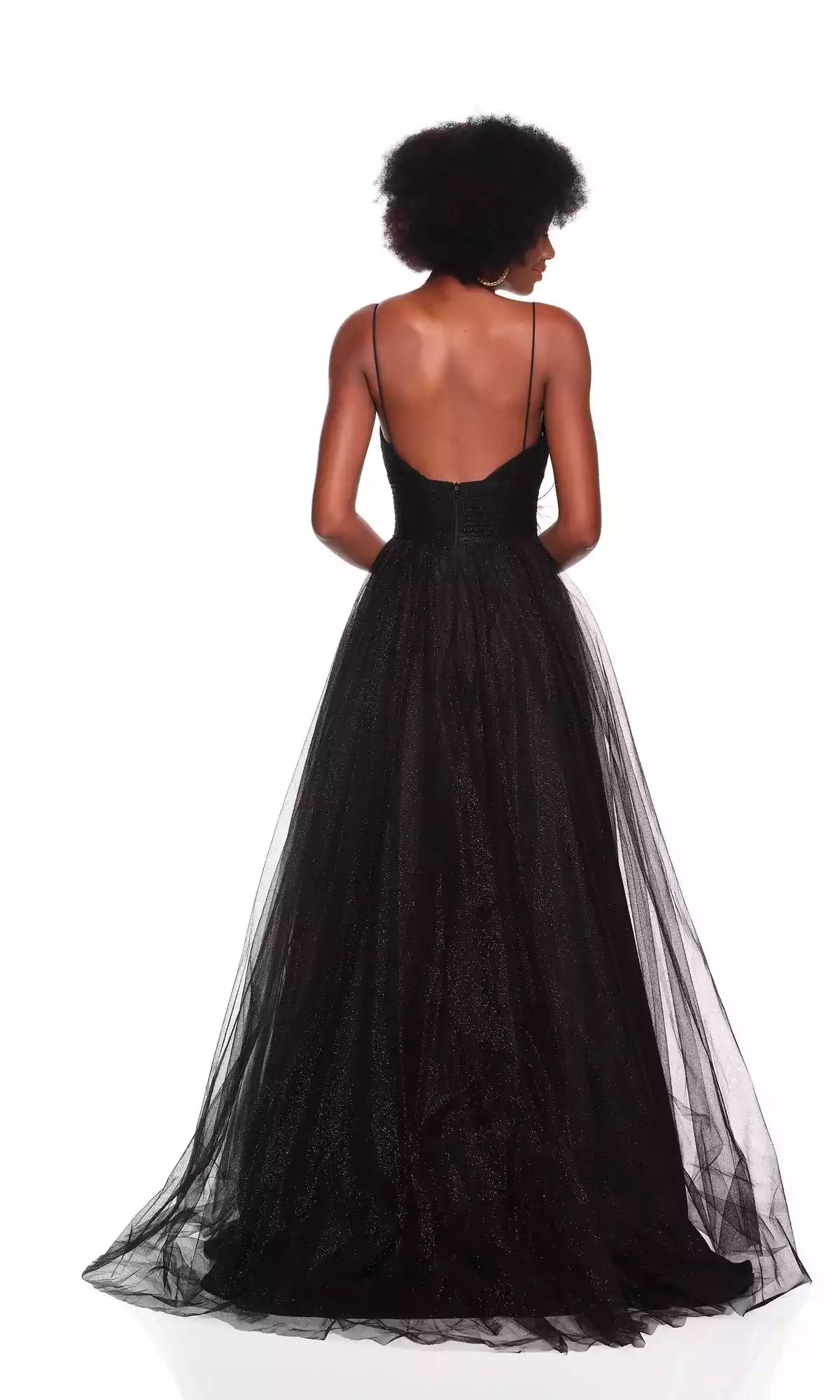 Enchanting sparkling chiffon pleated tight corset with floral details, thin shoulder straps, A-line slit, Prom Dresses