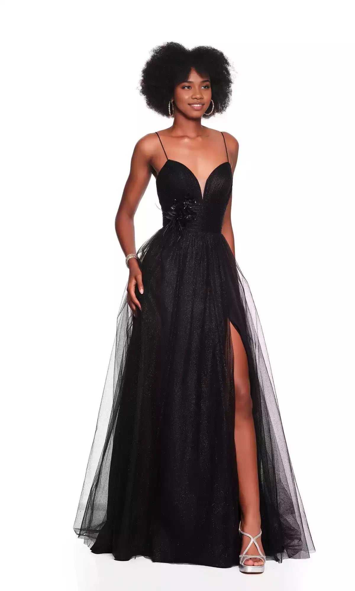 Enchanting sparkling chiffon pleated tight corset with floral details, thin shoulder straps, A-line slit, Prom Dresses