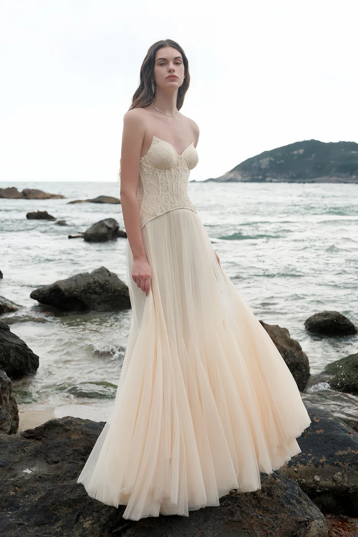 Ethereal A Line Sweetheart Neck Strapless Corset Floor Length Evening Dress