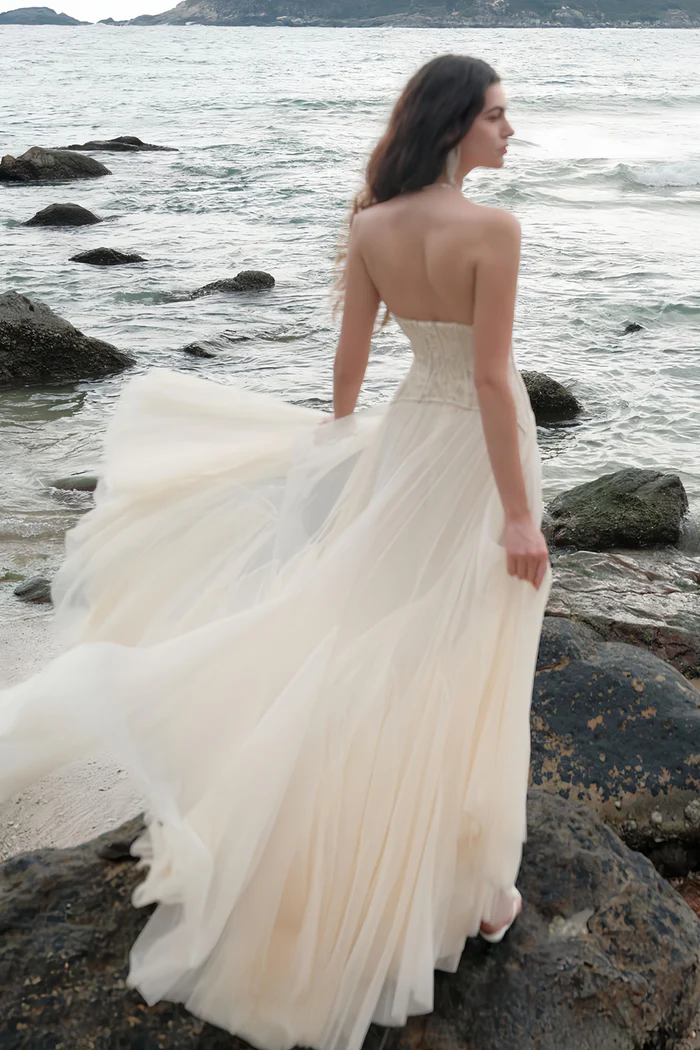 Ethereal A Line Sweetheart Neck Strapless Corset Floor Length Evening Dress