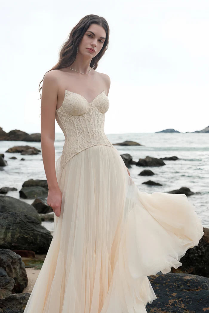 Ethereal A Line Sweetheart Neck Strapless Corset Floor Length Evening Dress