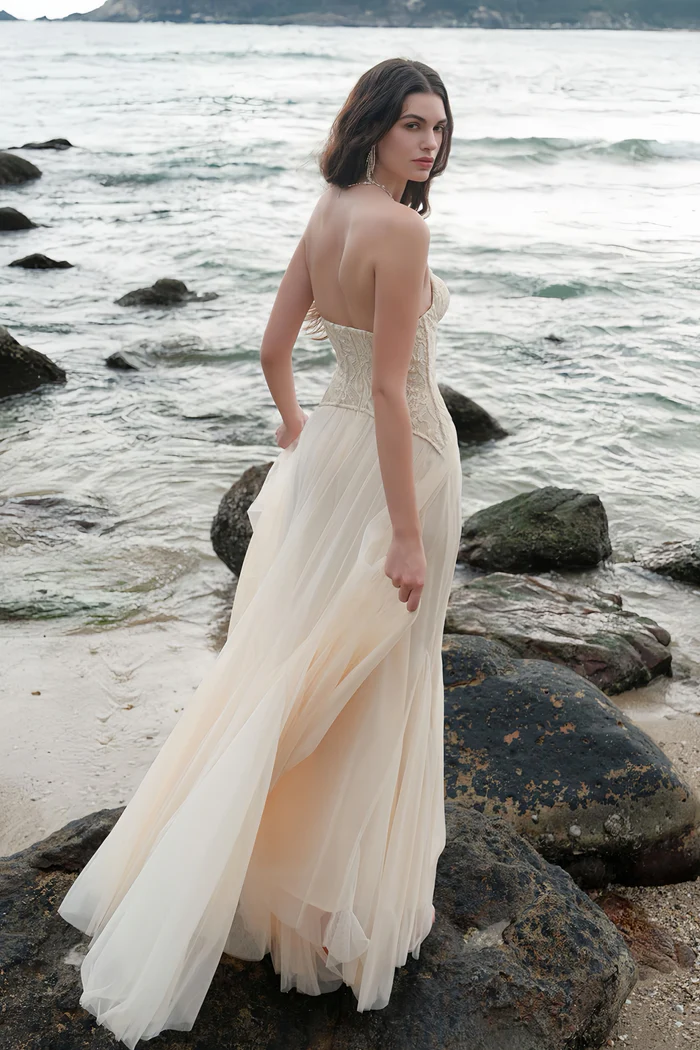Ethereal A Line Sweetheart Neck Strapless Corset Floor Length Evening Dress