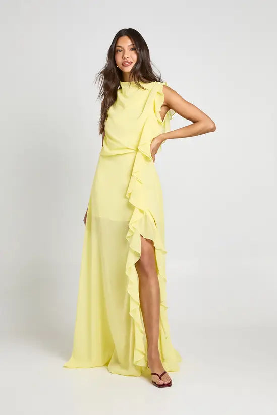 Ethereal Asymmetric High-Neck Cascading Ruffle Chiffon Evening Gowns