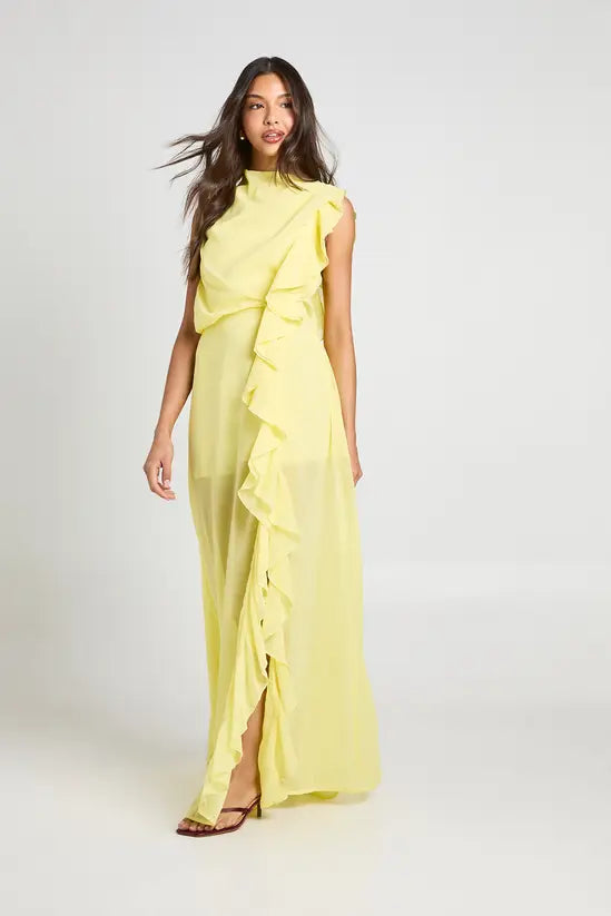 Ethereal Asymmetric High-Neck Cascading Ruffle Chiffon Evening Gowns