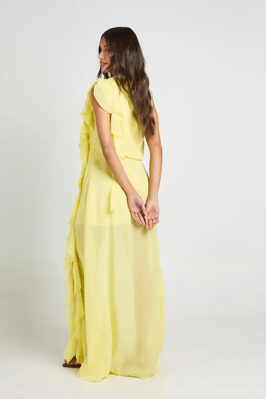 Ethereal Asymmetric High-Neck Cascading Ruffle Chiffon Evening Gowns