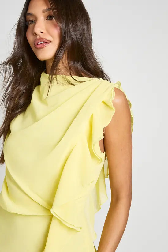 Ethereal Asymmetric High-Neck Cascading Ruffle Chiffon Evening Gowns
