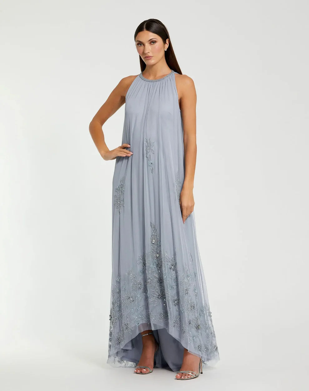 Ethereal Dusty Blue Tulle Gown Halter Neck Sleeveless Zipper Back High-Low Hem Embellished Evening Dresses