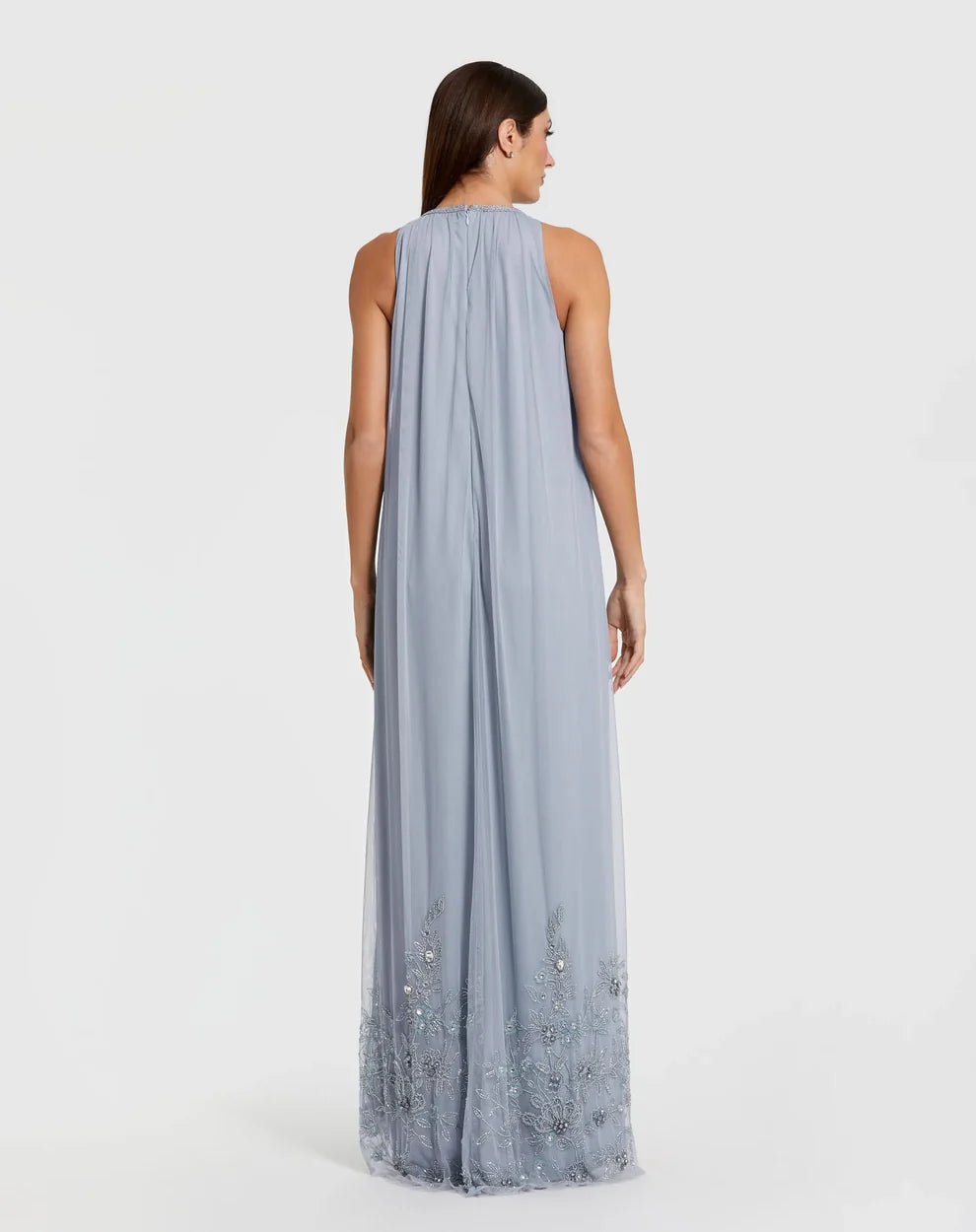 Ethereal Dusty Blue Tulle Gown Halter Neck Sleeveless Zipper Back High-Low Hem Embellished Evening Dresses