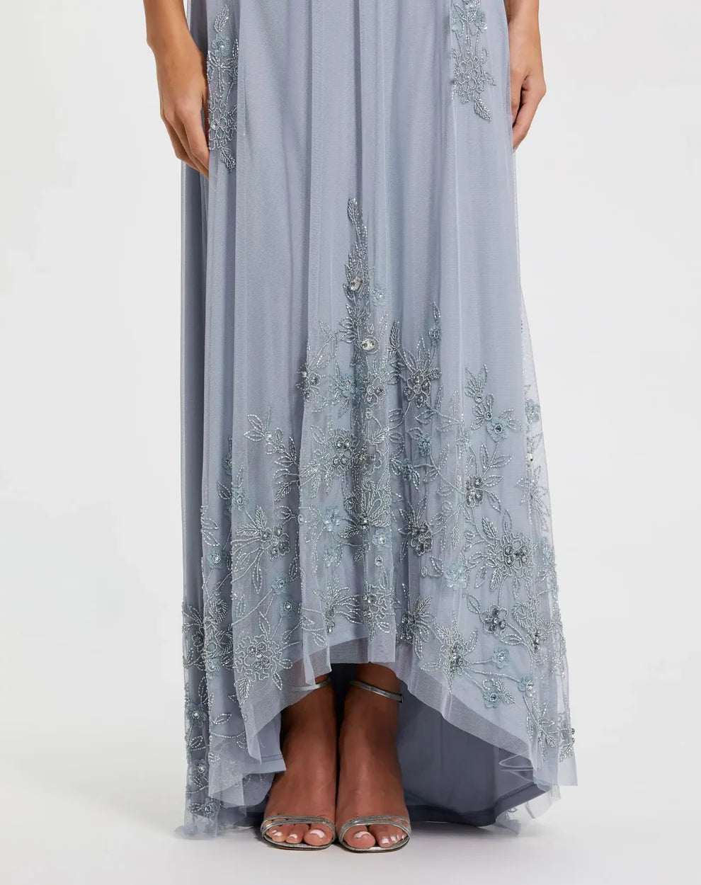 Ethereal Dusty Blue Tulle Gown Halter Neck Sleeveless Zipper Back High-Low Hem Embellished Evening Dresses