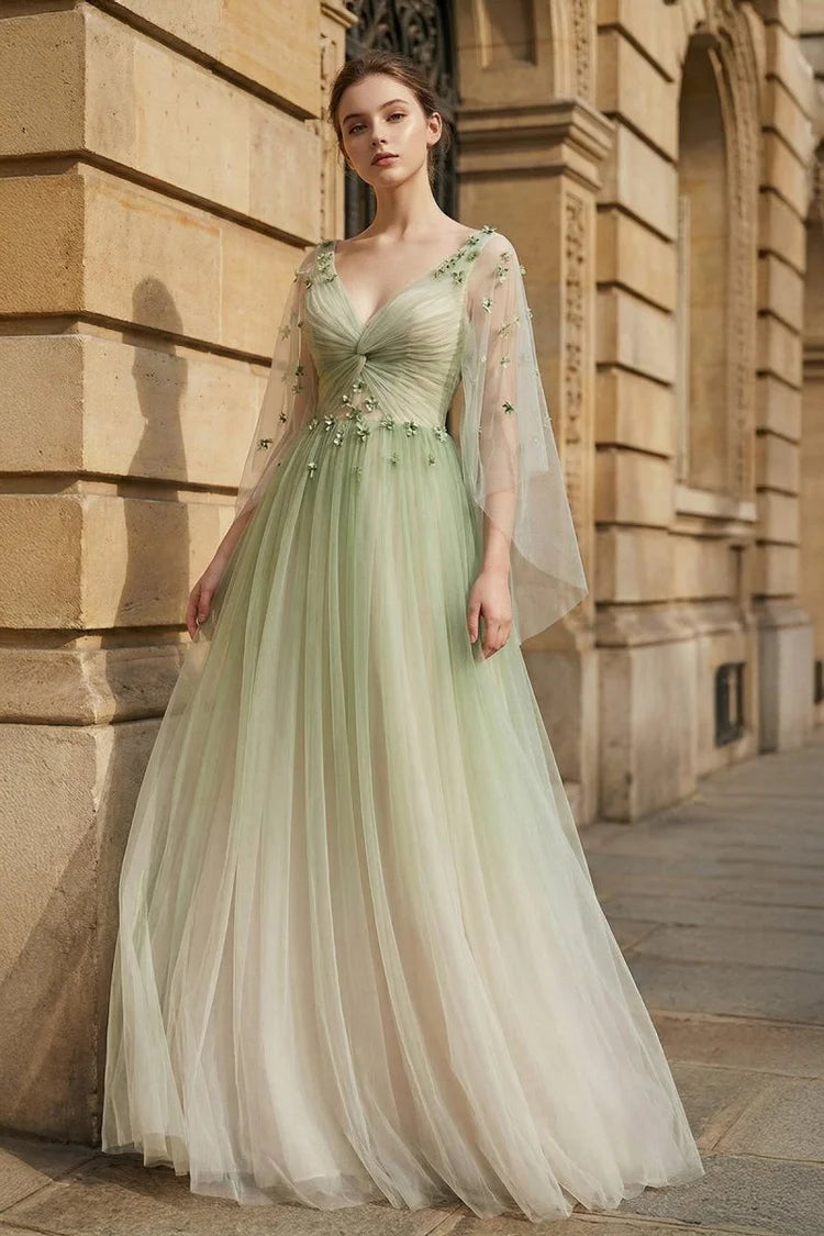 Ethereal Fitted A-Line V-Neck Cape Sleeve Lace-Up Back Floor-Length Prom Gown