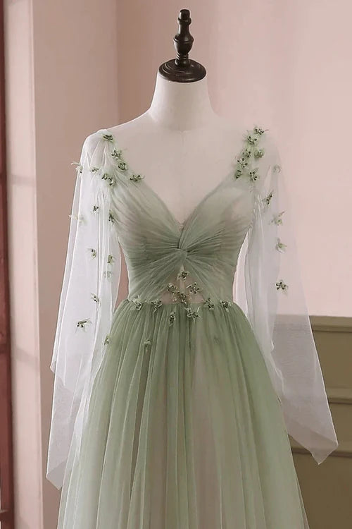 Ethereal Fitted A-Line V-Neck Cape Sleeve Lace-Up Back Floor-Length Prom Gown