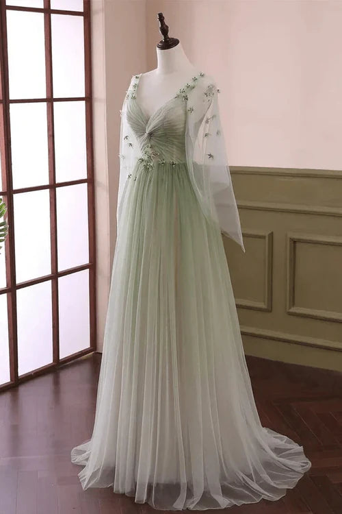 Ethereal Fitted A-Line V-Neck Cape Sleeve Lace-Up Back Floor-Length Prom Gown