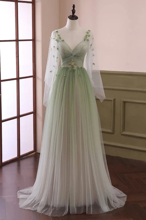 Ethereal Fitted A-Line V-Neck Cape Sleeve Lace-Up Back Floor-Length Prom Gown