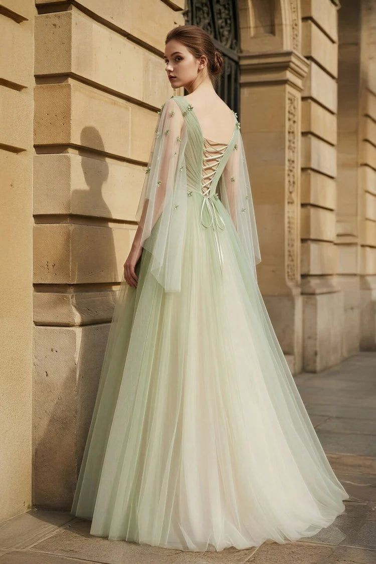 Ethereal Fitted A-Line V-Neck Cape Sleeve Lace-Up Back Floor-Length Prom Gown