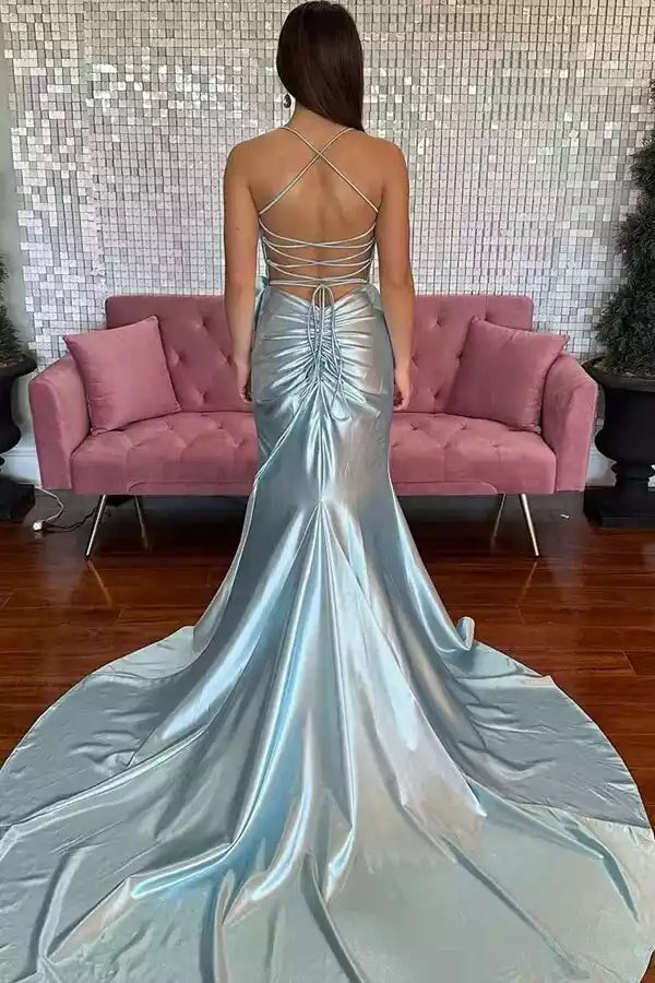 Ethereal Ice Blue Iridescent Satin Mermaid Gown with Bow Accent & Lace-Up Back