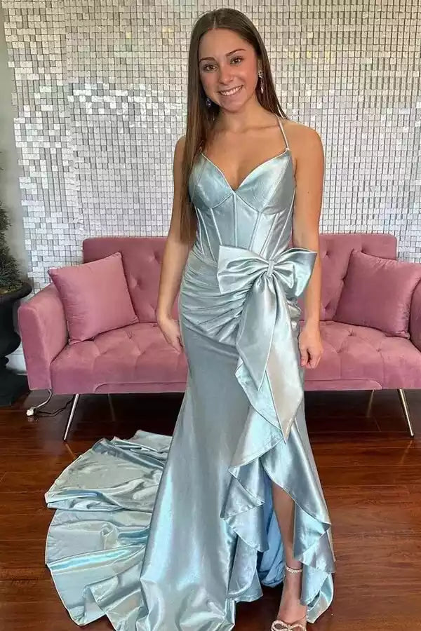 Ethereal Ice Blue Iridescent Satin Mermaid Gown with Bow Accent & Lace-Up Back