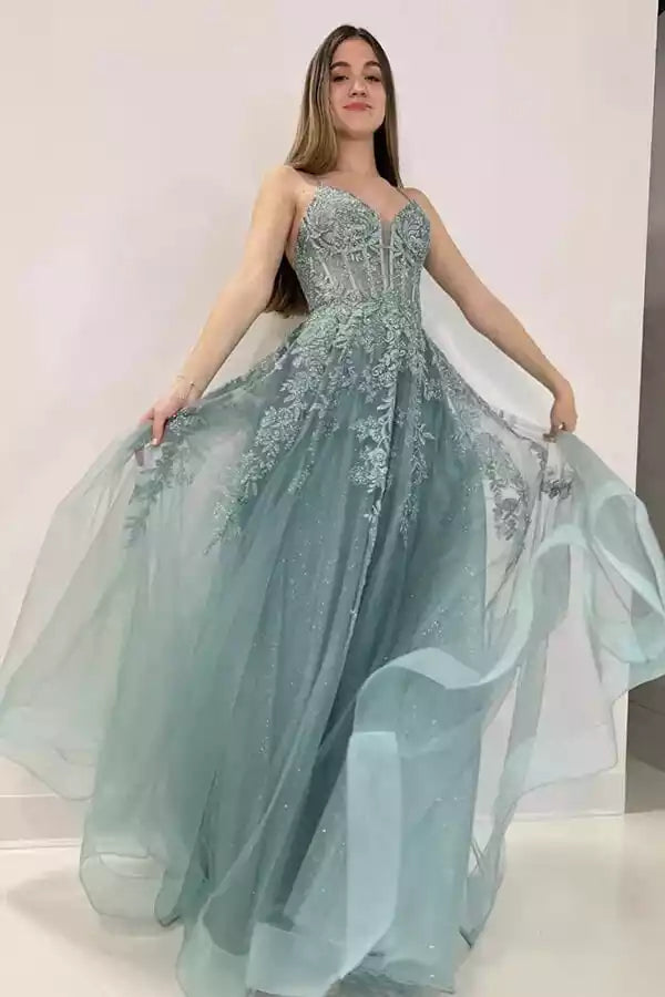 Ethereal Sage Green Tulle Ball Gown with Lace V-Neck Bodice & Lace-Up Back