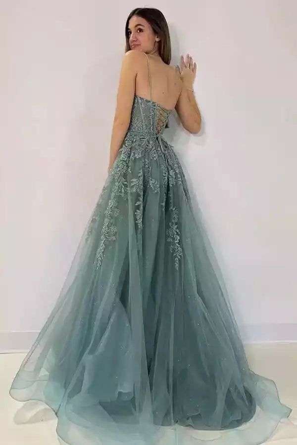 Ethereal Sage Green Tulle Ball Gown with Lace V-Neck Bodice & Lace-Up Back
