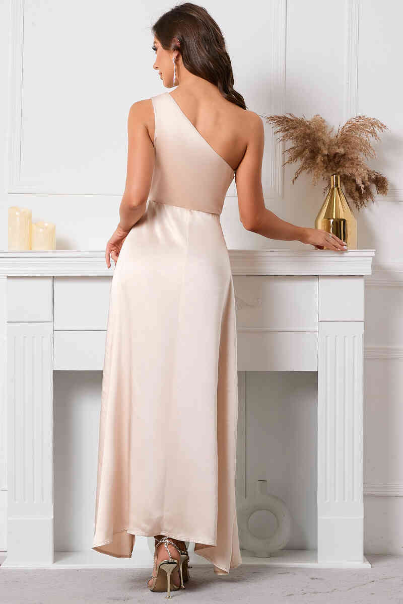 Ethereal Satin Evening Dresses with Asymmetrical One-Shoulder Neckline, Daring High Slit and Draped Bodice Formal Gown