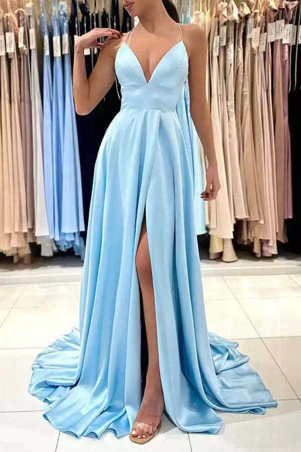 Ethereal Sky Blue Satin A-Line Gown with Plunge V-Neck & Lace-Up Back
