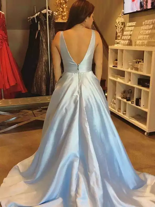 Ethereal Sky Blue Satin Ball Gown with V-Neck & Open Back