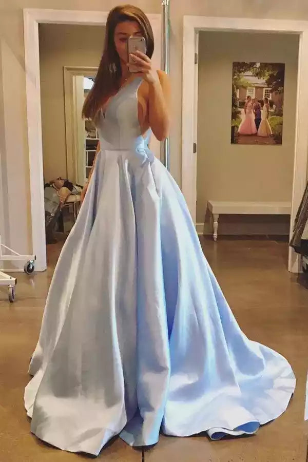 Ethereal Sky Blue Satin Ball Gown with V-Neck & Open Back