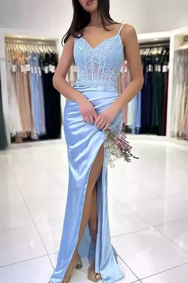 Ethereal Sky Blue Satin Mermaid Gown with Lace V-Neck Bodice & High Slit