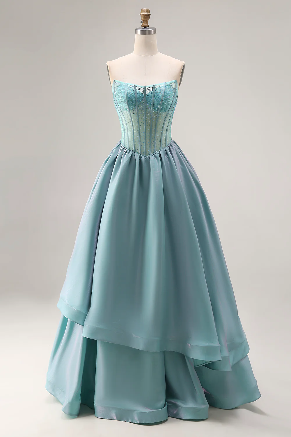Ethereal Strapless Beaded Corset Ball Gown with Layered Taffeta Skirt for Formal Evening Events
