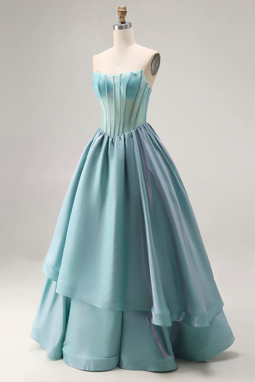 Ethereal Strapless Beaded Corset Ball Gown with Layered Taffeta Skirt for Formal Evening Events
