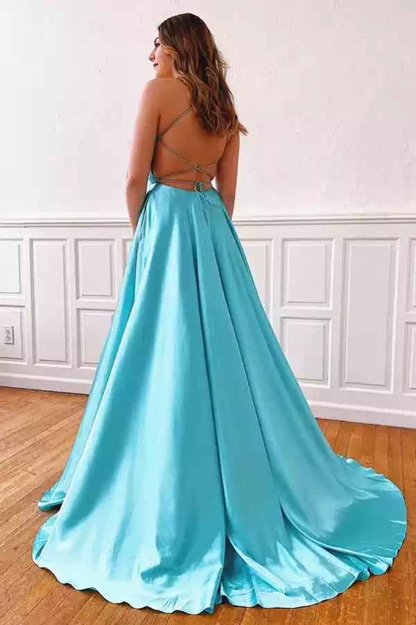 Ethereal Turquoise Satin A-Line Gown with V-Neck & Criss-Cross Back
