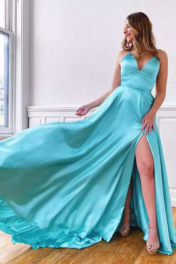 Ethereal Turquoise Satin A-Line Gown with V-Neck & Criss-Cross Back