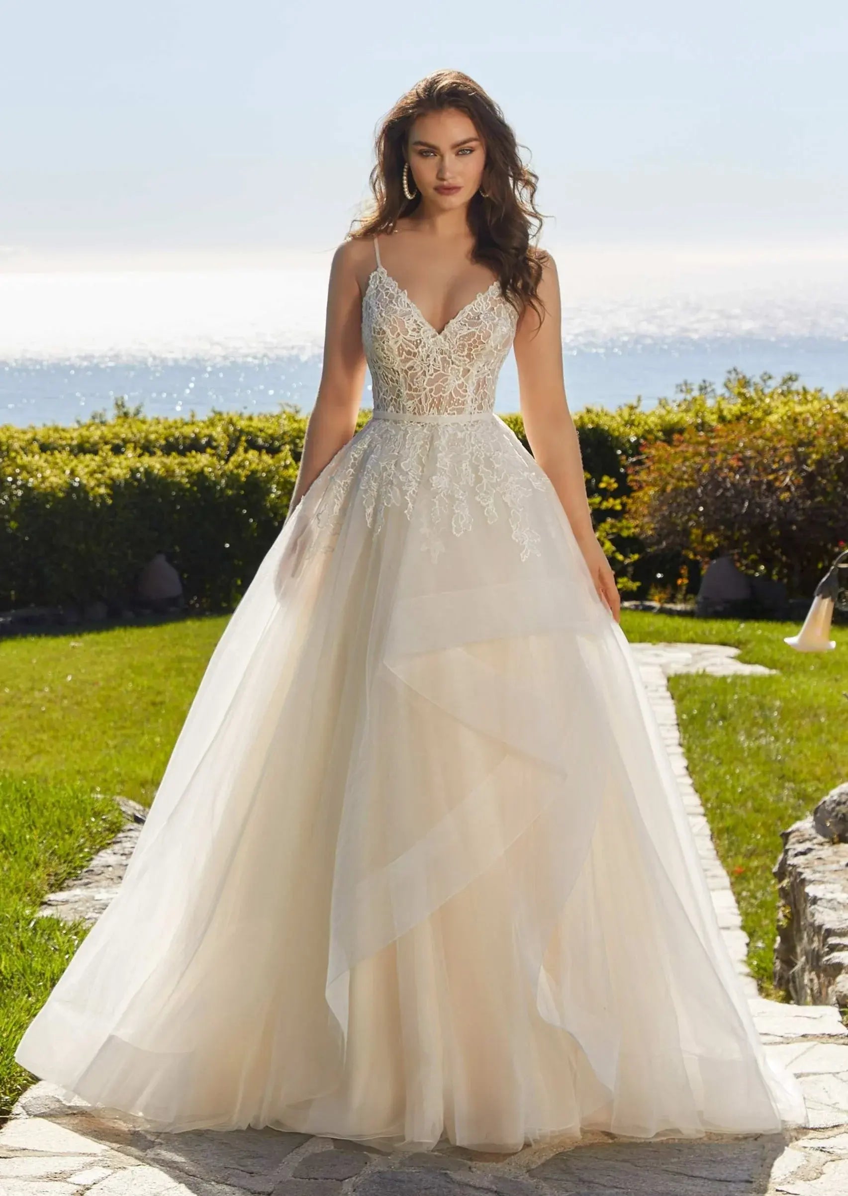 Ethereal Boho Lace Tulle A-Line V-Neck Spaghetti Strap Open Back Floor-Length Wedding Dress