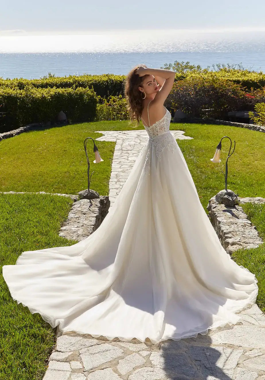 Ethereal Boho Lace Tulle A-Line V-Neck Spaghetti Strap Open Back Floor-Length Wedding Dress