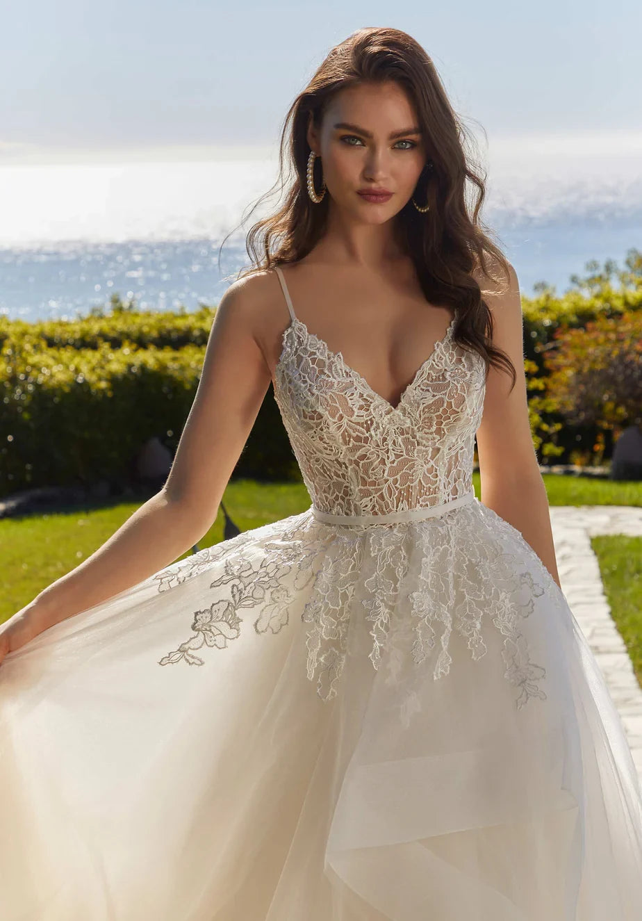 Ethereal Boho Lace Tulle A-Line V-Neck Spaghetti Strap Open Back Floor-Length Wedding Dress