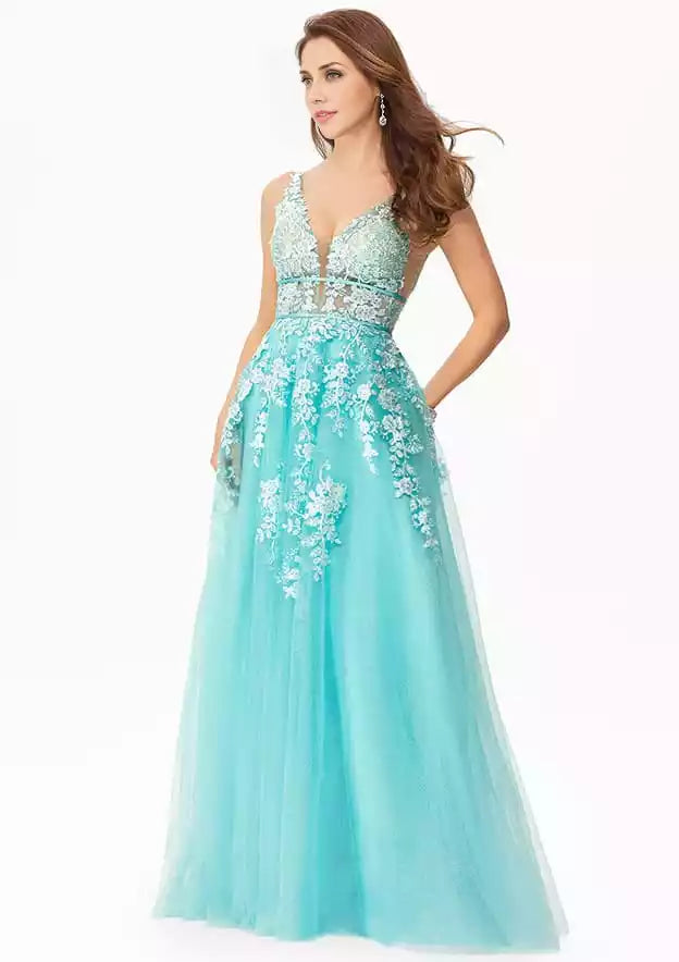 Exquisite and gorgeous A-line decal chiffon satin long sequin highlights elegant temperament Prom Dresses
