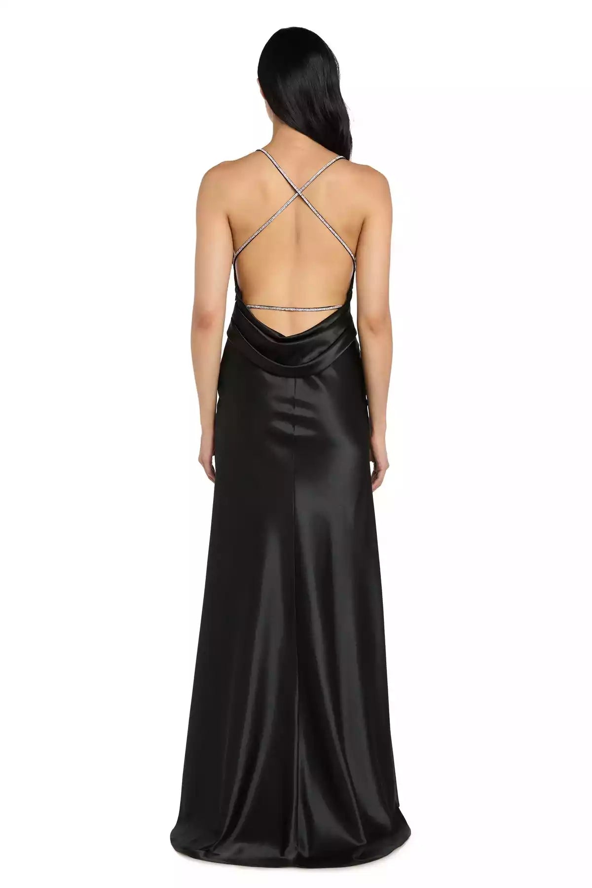 Exquisite black satin long style low hanging back V-neck exquisite and elegant Prom Dresses
