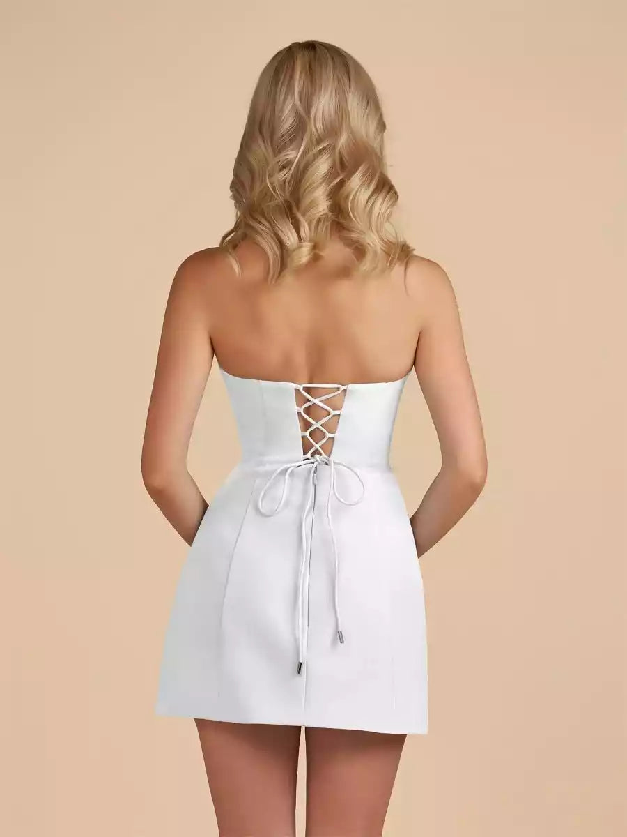 Exquisite strapless tight satin front with playful hollowed out sleeveless lace up back Homecoming Dresses