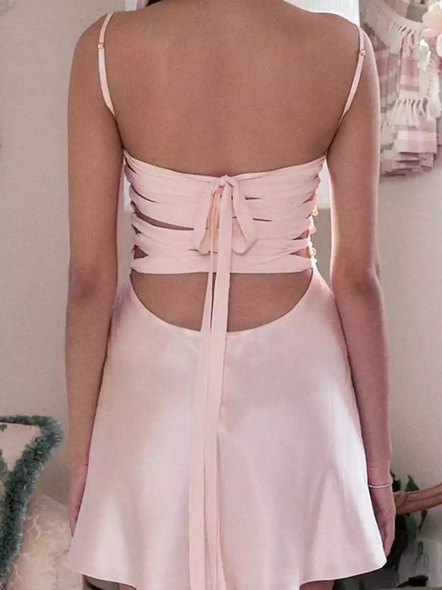 Exquisite thin shoulder strap A-line satin sleeveless bow tie back Homecoming Dresses