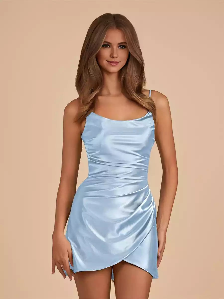 Exquisite tight satin carefully tailored thin shoulder strap short cut thin shoulder strap lace up back Homecoming Dresses