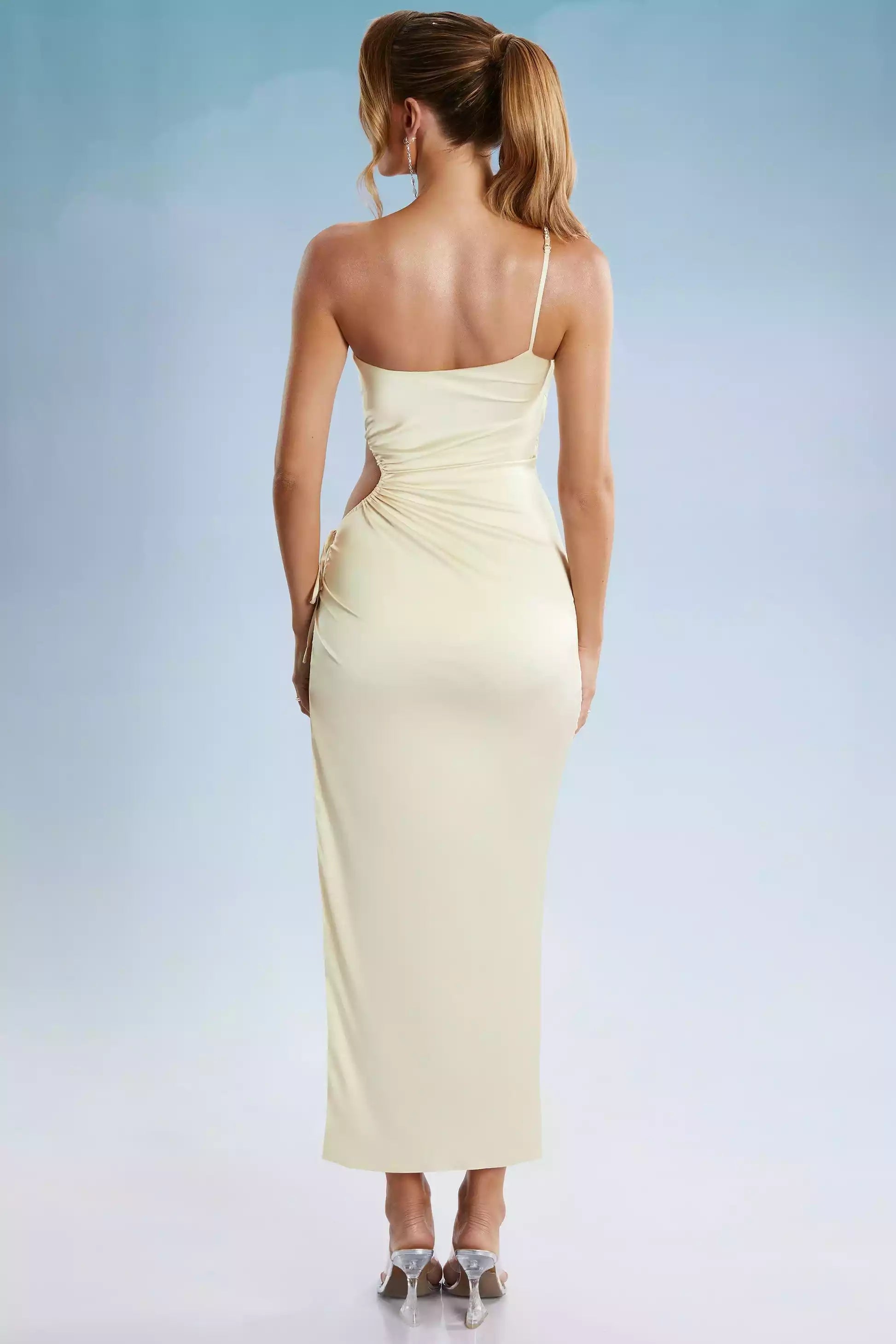 Extremely luxurious asymmetrical neckline with hollowed out high slit and adjustable shoulder straps, mid length Prom Dresses