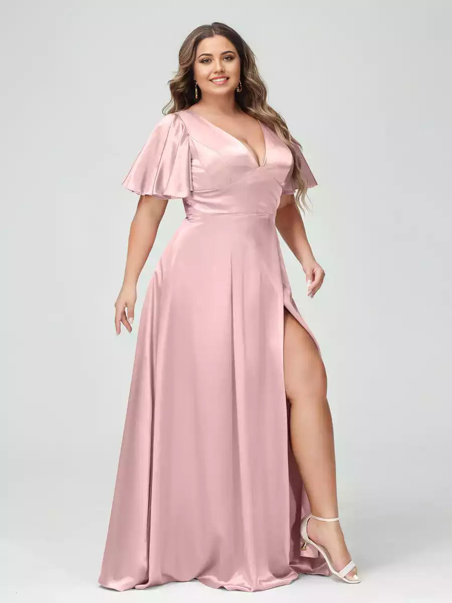 Eye catching A-line V-neck half sleeved silk satin plus size Bridesmaid Dresses