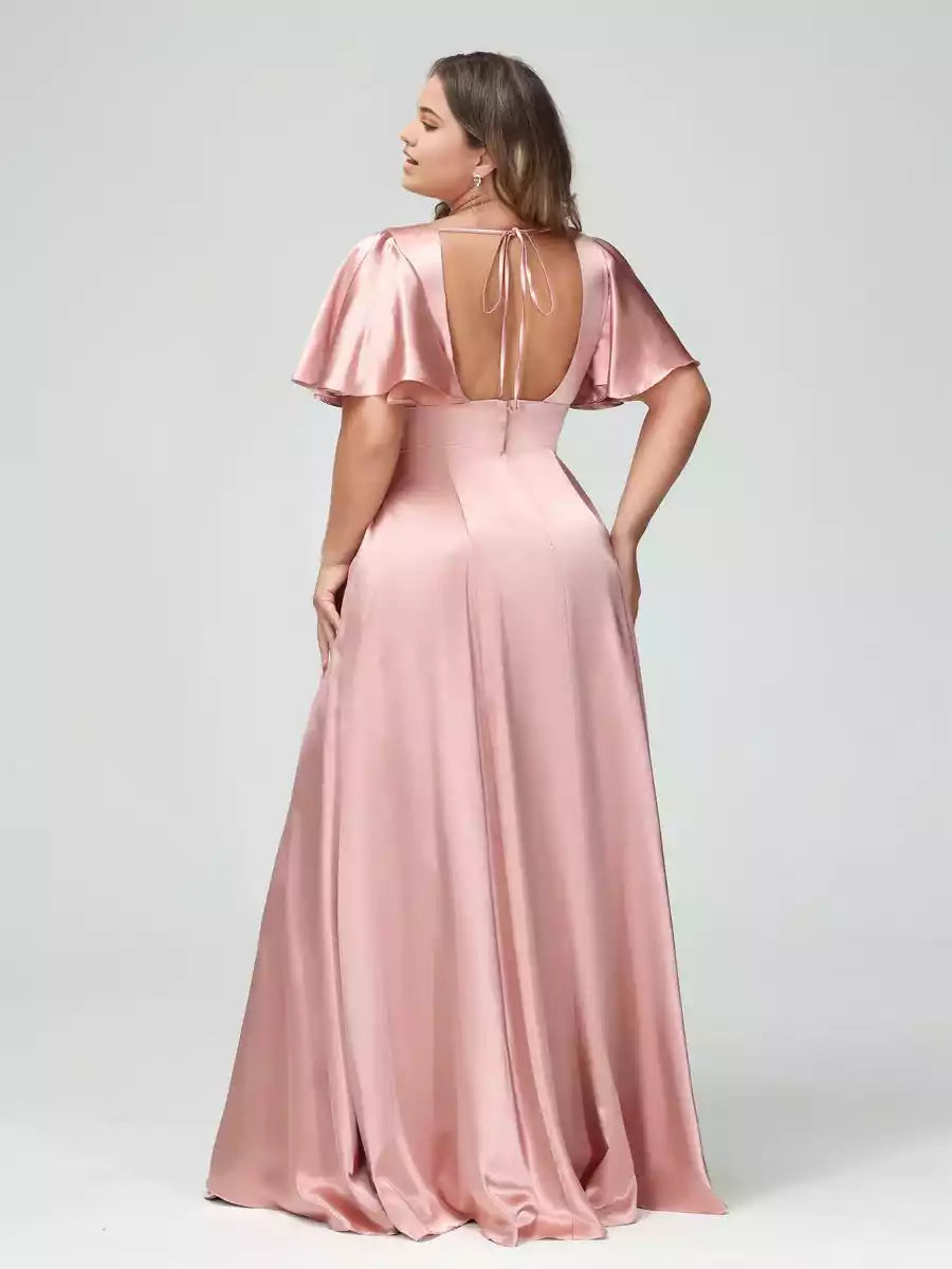Eye catching A-line V-neck half sleeved silk satin plus size Bridesmaid Dresses