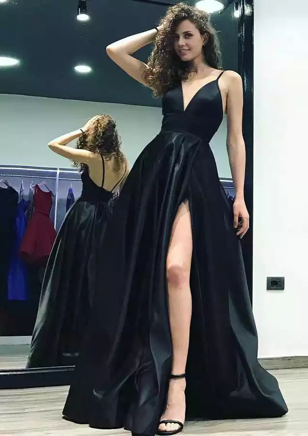 Eye catching A-line/princess style V-neck sleeveless trailing satin slit Prom Dresses